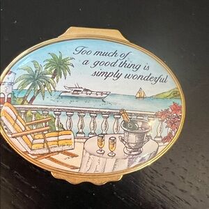 Gold-Tone Decorative Trinket Box with Seaside Illustration